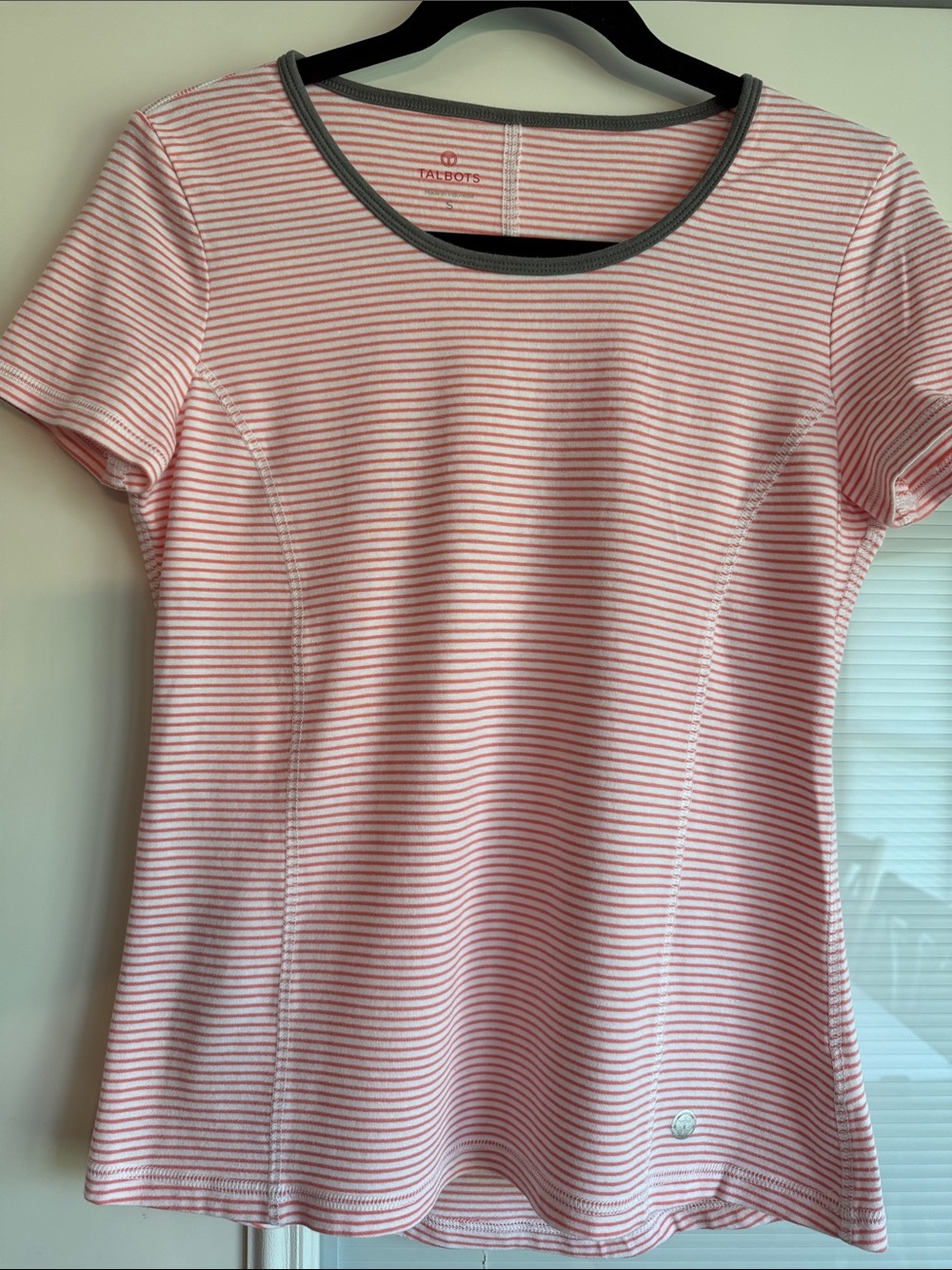 Talbots Peach and White Striped Short-Sleeve Crewneck Top with Gray Trim